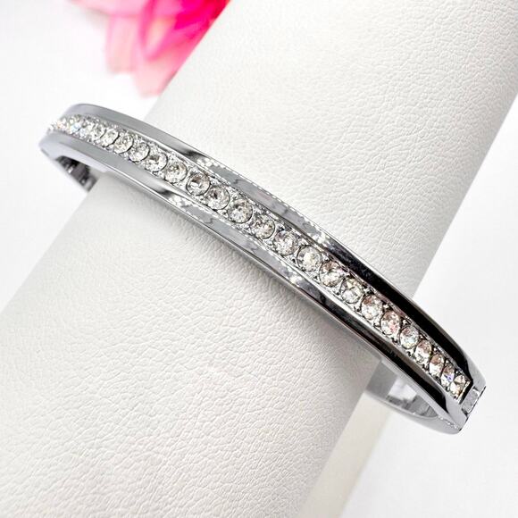 Anne Klein Channel Set Rhinestone Silver Tone Hinge Bracelet Modern Minimalist - Picture 1 of 11
